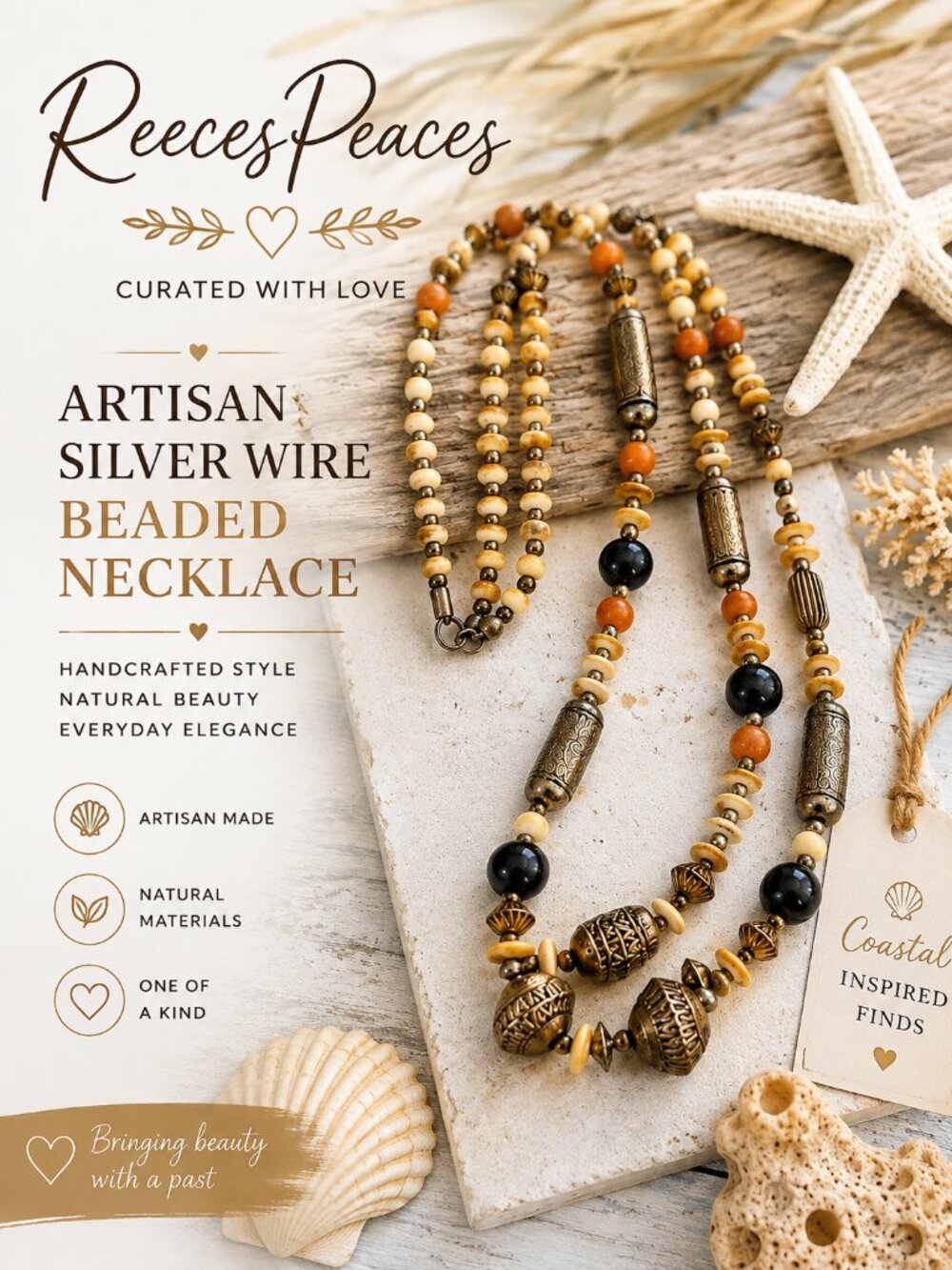 Artisan Tribal Statement Necklace | Natural Wood & Metal Beads